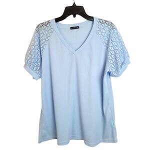 Miholl Short Sleeve Top Womens Size 2XL Blue V-Neck Waffle Knit Lightweight Lace